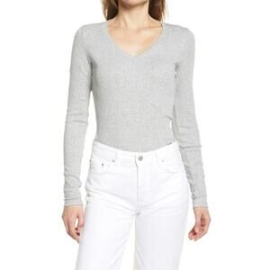 Nordstrom Heather Grey V Neck Long Sleeve Shirt S